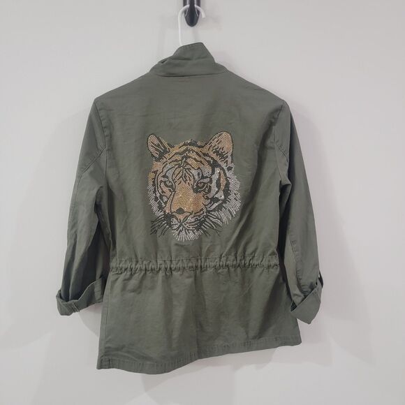 Ashley Womens Utility Jacket Size Small Green‎ Military Tiger Rhinestones - Picture 2 of 9